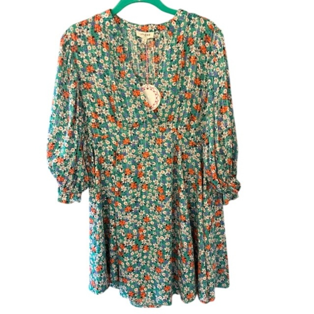 Umgee Floral Mini Dress Womens S Teal Green NWT Metallic V-Neck Puff Sleeve